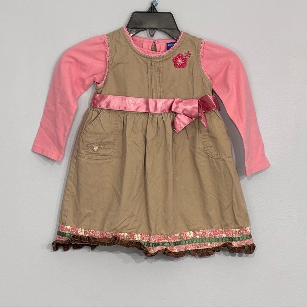 Oshkosh Genuine Kids VTG Embroidered Lace Trim Tan Pink Jumper Dress Shirt 3T